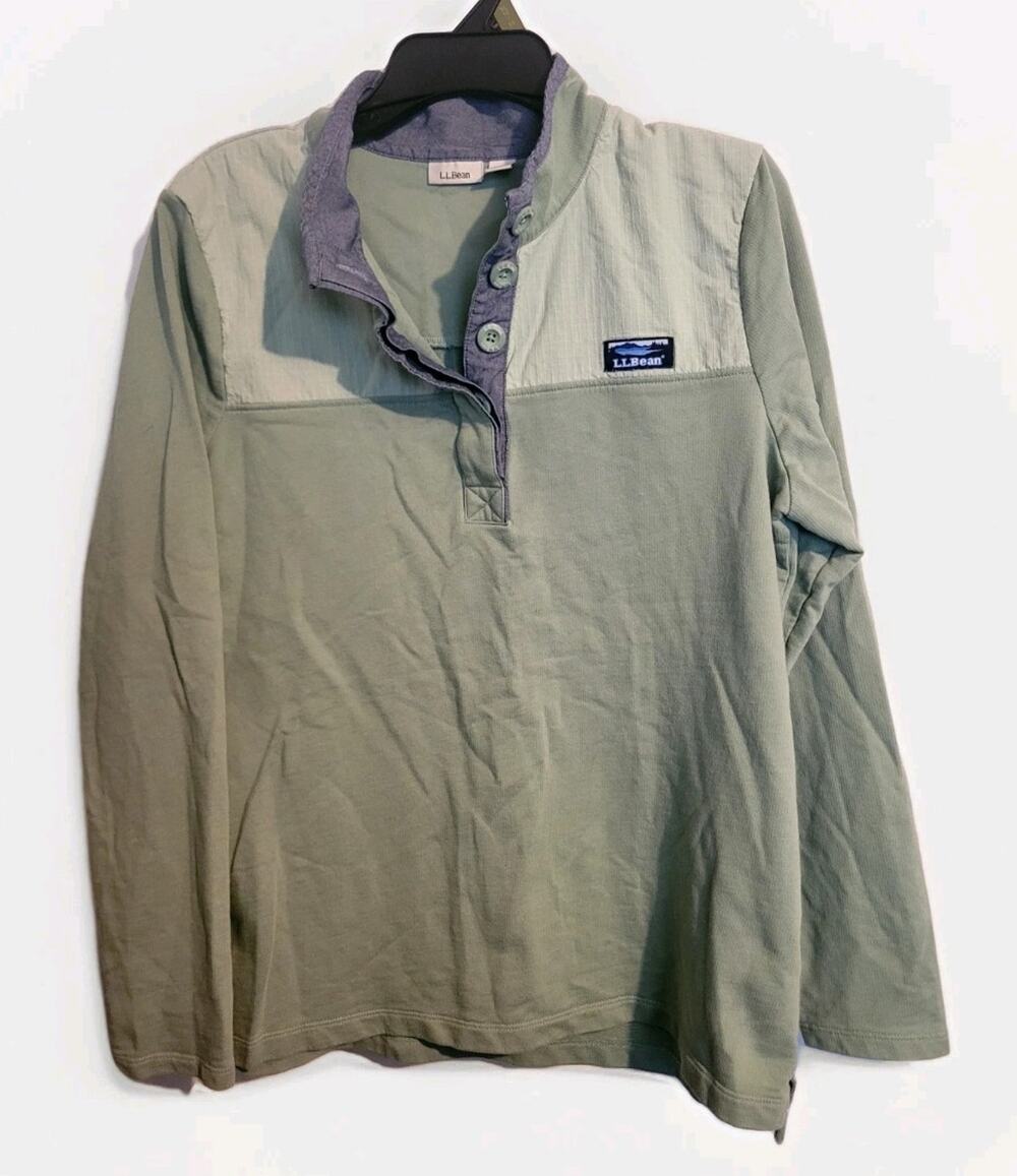 LL BEAN Women’s Large 1/4 Button Casual Fleece Cotton Pullover Seafoam Green